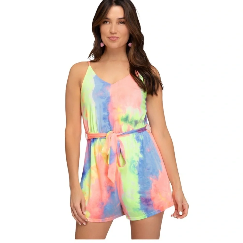 She+Sky womens size M Romper Jumpsuit shorts Boho Tie Dye sleeveless beach pink - Picture 2 of 12